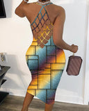 Rainbow Ombre Denim Look Print Backless Bodycon Dress