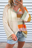 Beige Pointelle Knit Colorblock Patchwork V Neck Hooded Plus Sweater