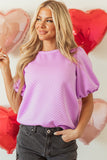 Phalaenopsis Solid Textured O Neck Puff Sleeve Blouse