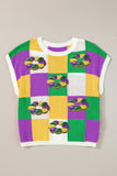 Tillandsia Purple Sequin Doughnut Graphic Colorblock Checkered Short Sleeve Sweater