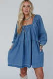 Dusk Blue Square Neck Side Pockets Loose Fit Denim Mini Dress