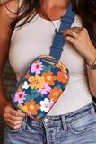 Sail Blue Flower Print Zipper Buckle Wide Strap Sling Bag