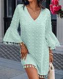 Large Swiss Dot  V Neck Bell Sleeve Mini Dress Casual Loose Fit Dress