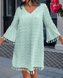 Large Swiss Dot  V Neck Bell Sleeve Mini Dress Casual Loose Fit Dress