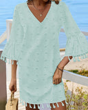 Large Swiss Dot  V Neck Bell Sleeve Mini Dress Casual Loose Fit Dress