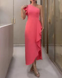 One Shoulder Sleeveless Asymmetrical Ruffles Dress Casual Waist Flowy Midi Dress