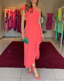 One Shoulder Sleeveless Asymmetrical Ruffles Dress Casual Waist Flowy Midi Dress