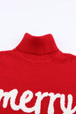 Fiery Red Merry Letter Embroidered High Neck Sweater