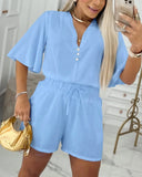 2 Pieces V Neck Button Decor Bell Sleeve Top and Casual Drawstring Stechy Waist Shorts Set