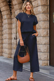 Navy Blue Solid Color Textured Short Sleeve Top and Casual Pants Set
