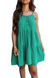 Sea Green Textured Buttoned Thin Strap Tiered Loose Fit Mini Dress