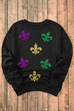 Black Mardi Gras Fleur de Lis Graphic Round Neck Pullover Sweatshirt