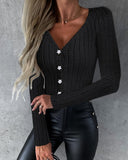 V Neck Long Sleeve Top Button Front Fleece Lined Ribbed Tee