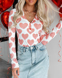 Heart Print Buttoned V Neck Bodysuit