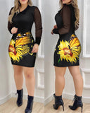 Floral Print See Through Sheer Mesh Long Sleeve Dress Sexy Turn down Collar Bodycon Mini Dress