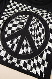 Black Checkerboard Peace Sign Printed Round Neck T Shirt