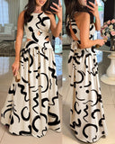 Abstract Print Criss Cross Halter Maxi Dress Casual Hollow Out Shirred Dress
