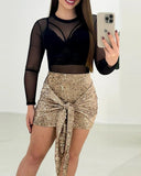 Allover Sequin Tied Detail Asymmetrical Hem Bodycon Skirt