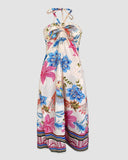 2 Pieces Outfit Floral Print Halter Slit Long Top and Casual Drawstring Shorts Set with Pockets