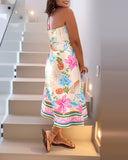 2 Pieces Outfit Floral Print Halter Slit Long Top and Casual Drawstring Shorts Set with Pockets