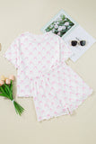 Pink Bow Knot Geometric Print Lettuce Trim Two Piece Lounge Set