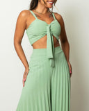 2 Pieces Outfit Cold Shoulder Tied Detail Shirred Top and Elastic waist Fold Wide Leg Pants Set