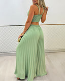 2 Pieces Outfit Cold Shoulder Tied Detail Shirred Top and Elastic waist Fold Wide Leg Pants Set
