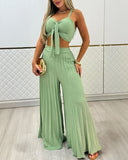 2 Pieces Outfit Cold Shoulder Tied Detail Shirred Top and Elastic waist Fold Wide Leg Pants Set