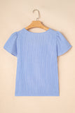 Sky Blue Stripe Textured Ruffle Short Sleeve Boho Detail Square Neck Blouse