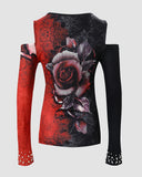 Floral Print Beaded Cold Shoulder Top