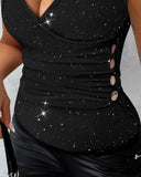 Glitter Buckled V Neck Sleeveless Top Criss Cross Button Decor Ruched Tee