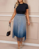 Ombre Sheer Mesh Patch A Line Pleated Glitter Skirt