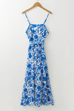 Blue Floral Printed Spaghetti Strap Maxi Dress with Waist Tie