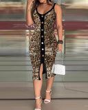 Leopard Pattern Contrast Sequin V Neck Sleeveless Bodycon Dress Metal Button Front Slim Fit Party Dress