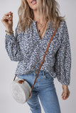Blue Floral Print Notched V Neck Puff Sleeve Blouse