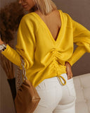 V Neck Gigot Sleeve Back Drawstring Top