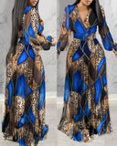 Leopard Floral Print Lantern Sleeve Sheer V Neck Pleated Maxi Dress Elegant Evening Dress