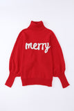 Fiery Red Merry Letter Embroidered High Neck Sweater