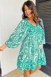 Green Bohemian Print Puff Sleeve Tied V Neck Flared Mini Dress