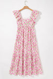 Pink Floral Print Square Neck Ruffled Strap Maxi Dress