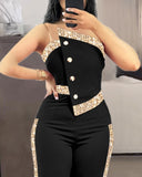 Contrast Sequin Bandeau Strapless Jumpsuit Button Decor Casual Wide Leg Rompers