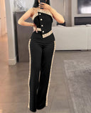 Contrast Sequin Bandeau Strapless Jumpsuit Button Decor Casual Wide Leg Rompers