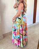 Tropical Print Plunge V Neck Spaghetti Strap Maxi Dress Casual Hollow Out Tied Detail A Line Dress