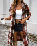 Plaid Pattern Button Down Pocket Design Longline Hooded Coat