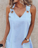 Striped Eyelet Pocket Design Casual Dress