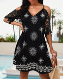 Floral Print Contrast Lace Short Sleeve V Neck Dress Casual A Line Boho Mini Dress
