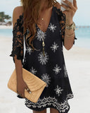 Floral Print Contrast Lace Short Sleeve V Neck Dress Casual A Line Boho Mini Dress