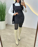 French Style Vintage Square Neck Thick Strap Zipper Back Tweed Dress Slim Fit Suspender Dress