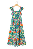 Green Floral Print Sleeveless Ruffle Tiered Maxi Dress