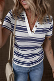 Dark Blue Stripe Collared Button V Neck Knitted T Shirt